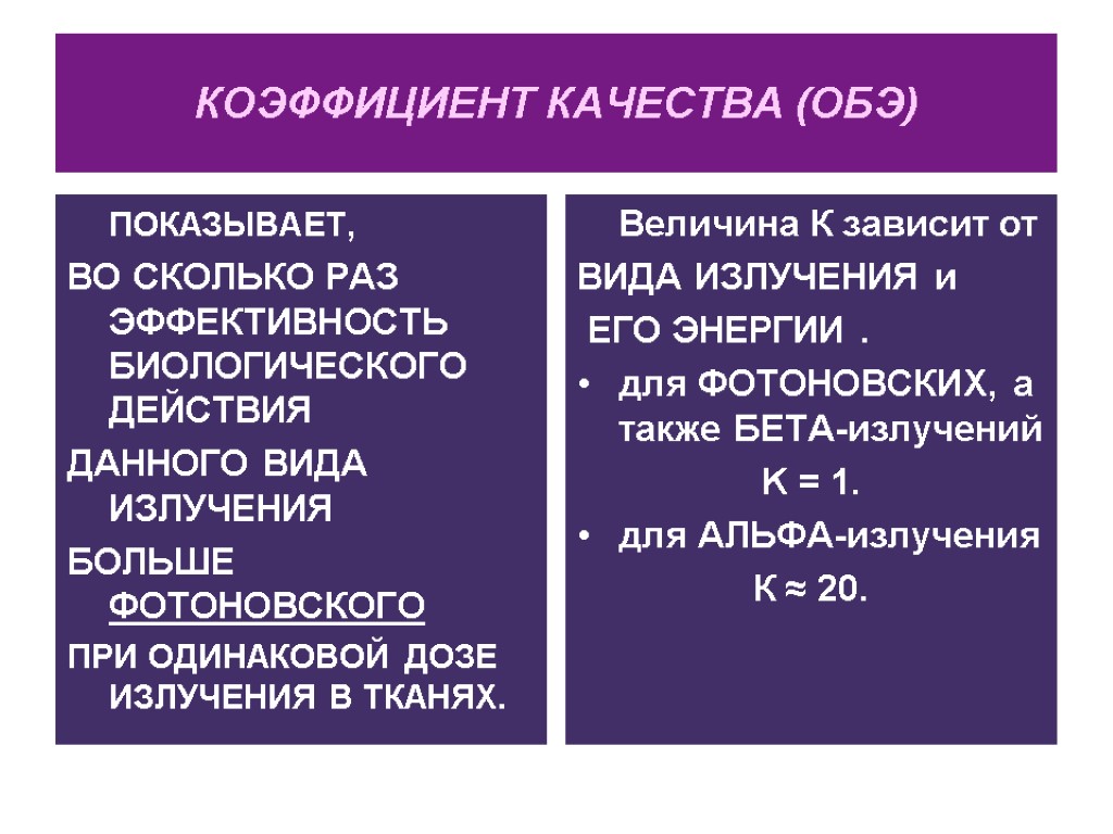 КОЭФФИЦИЕНТ КАЧЕСТВА (ОБЭ) ПОКАЗЫВАЕТ, ВО СКОЛЬКО РАЗ ЭФФЕКТИВНОСТЬ БИОЛОГИЧЕСКОГО ДЕЙСТВИЯ ДАННОГО ВИДА ИЗЛУЧЕНИЯ БОЛЬШЕ